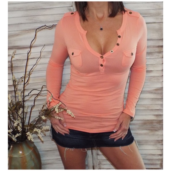 Tops - Henley Military Style Long Sleeve Top Peach 1120